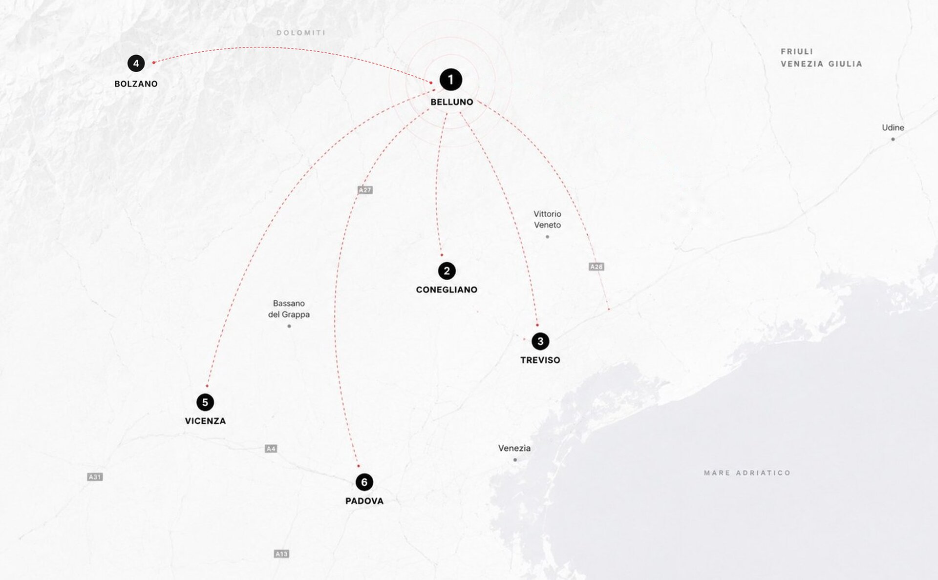 Mappa delle sedi De Bona Motors nel Nord-Est: Belluno, Bolzano, Conegliano, Treviso, Vicenza e Padova
